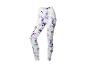 Dameslegging met abstract paars en lichtgroen patroon.