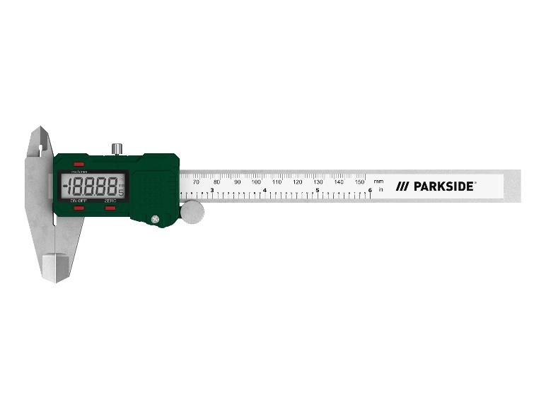 Groene en zilveren PARKSIDE digitale schuifmaat met scherm dat 18.88 mm toont