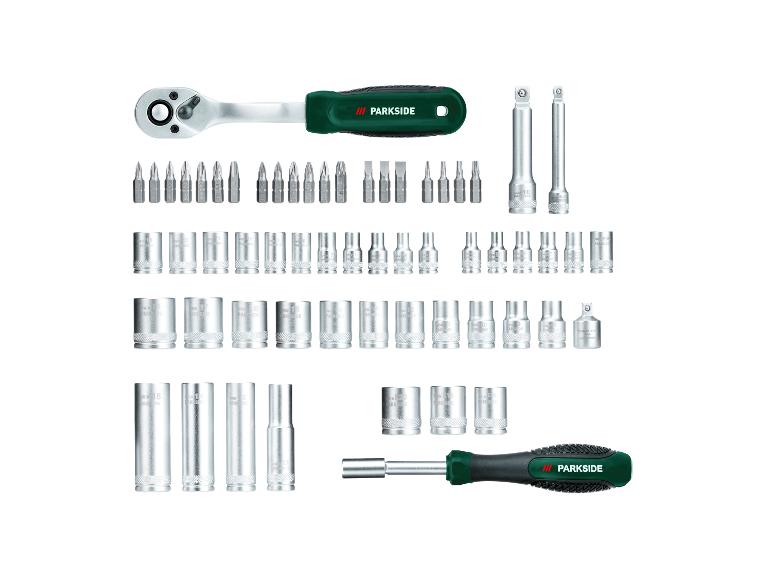 PARKSIDE ratel- en schroevendraaierset met diverse bits en doppen.