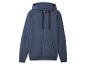 Donkerblauwe hoodie met rits en zakken.