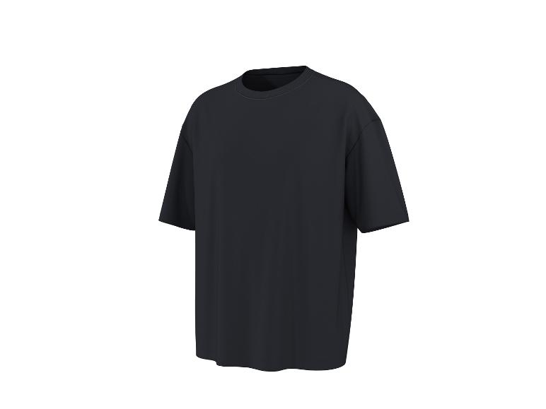 Zwart, losvallend T-shirt met korte mouwen, schuin weergegeven.