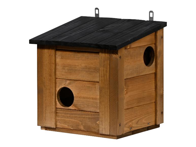 Houten vogelhuisje met twee ingangen en zwart dak