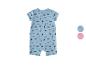 Blauwe baby romper met surf- en palmbomenprint, met stofstalen.