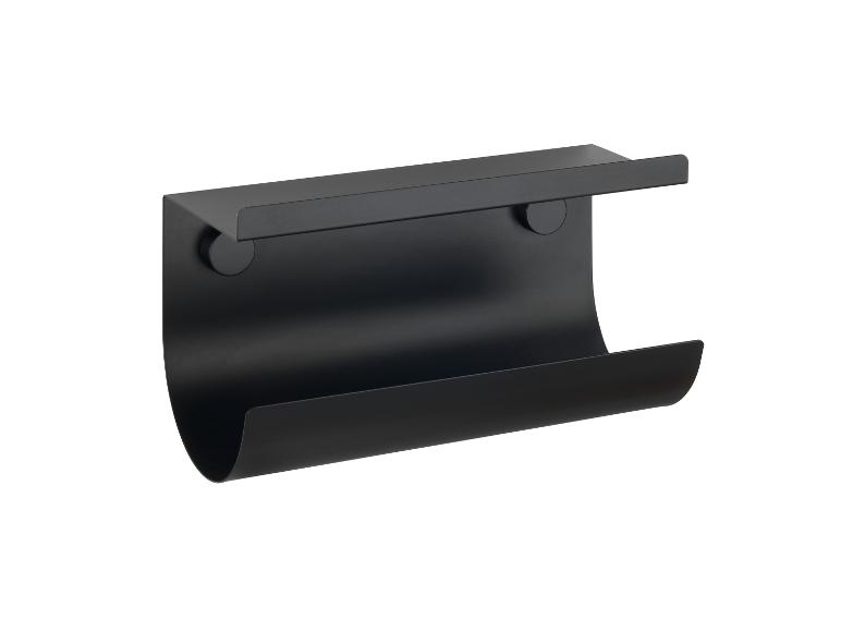 Zwarte magnetische wandhouder voor keukenrollen met plank.