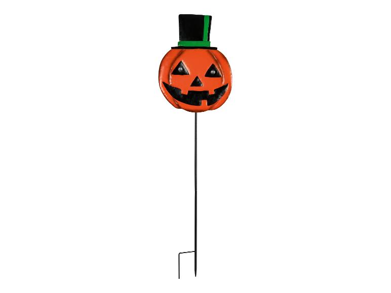 Halloween pompoen tuinpaal met hoge hoed en lachend gezicht