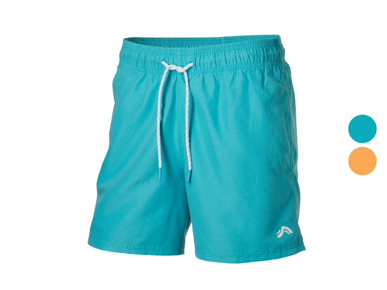 Turquoise zwemshort met wit trekkoord en logo.