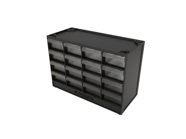 Zwarte opbergorganizer met meerdere transparante laden voor kleine onderdelen.