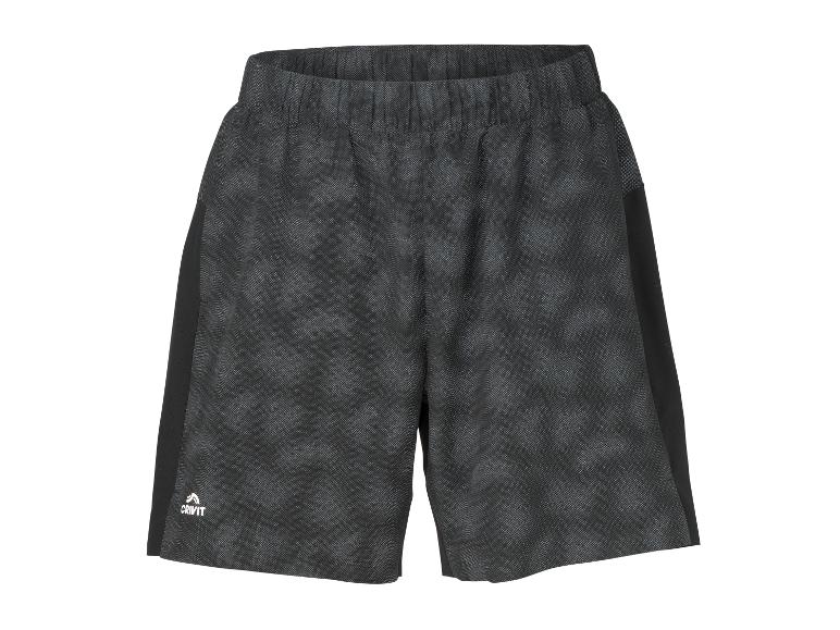 Donkergrijze sportshort met zwarte zijpanden en een subtiel patroon.