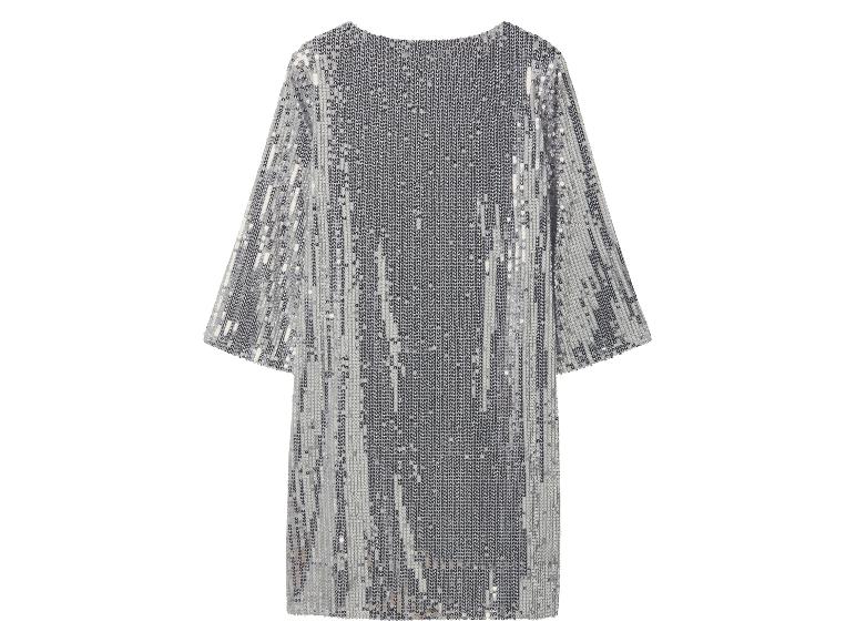 Zilveren mini-jurk met pailletten en driekwartmouwen.
