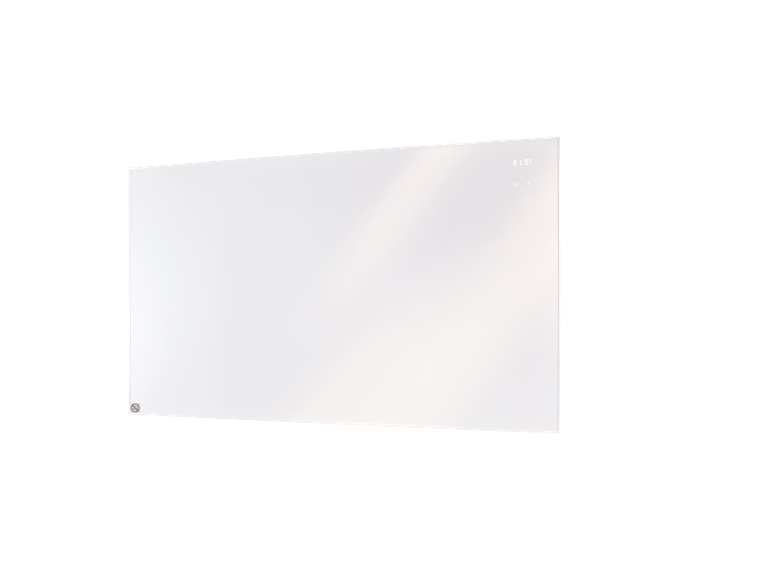 Witte glazen paneelverwarming met digitaal display dat 21.5°C en bedieningsknoppen toont.