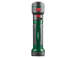 Groene en grijze zaklamp met rode aan/uit-knop en slotpictogram.