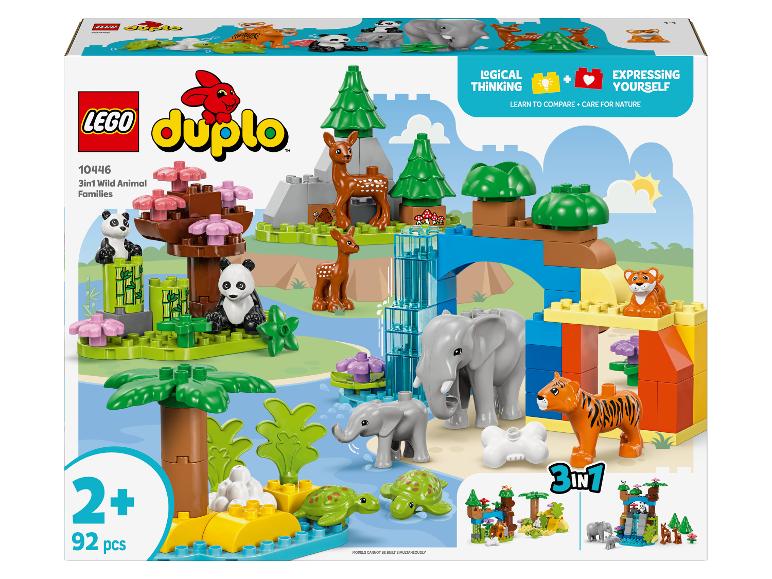 LEGO Duplo 10446 3-in-1 Wilde Dierenfamilies doos, met dierenfiguren en gebouwde landschappen.