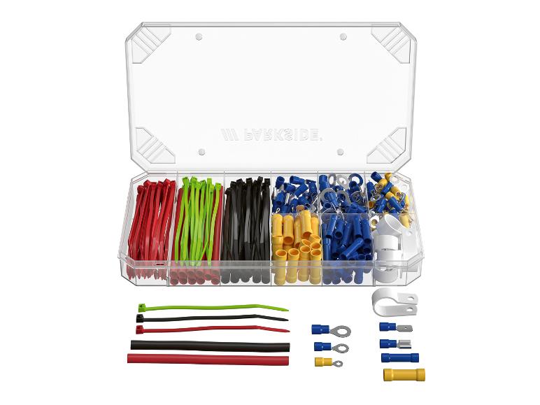 Een set met kabelbinders, connectoren en kabelklemmen van Parkside.