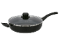 Zwarte pan met glazen deksel.