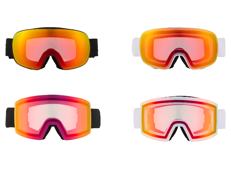 Vier skibrillen met gekleurde spiegelglazen.