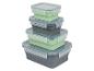 Stapelbare lunchboxen, grijs en groen.