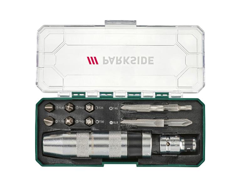 PARKSIDE bitset met slagschroevendraaier in een transparante doos.