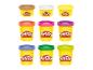 Negen potjes Play-Doh klei in verschillende kleuren.