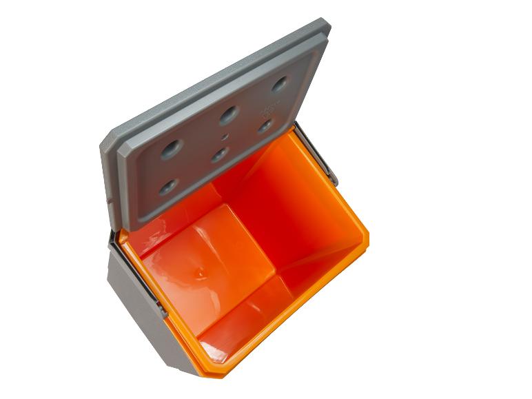 Open grijze en oranje opbergdoos met deksel, van bovenaf gezien.