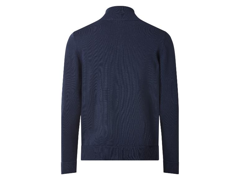 Donkerblauw gebreid herenjack met hoge kraag, achteraanzicht