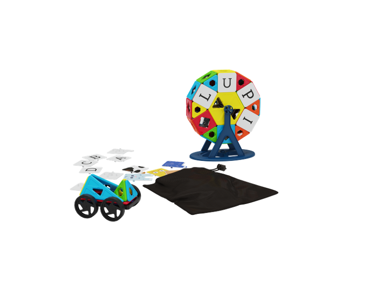 Magnetisch speelgoed met een reuzenrad, een speelgoedauto en letterkaarten.