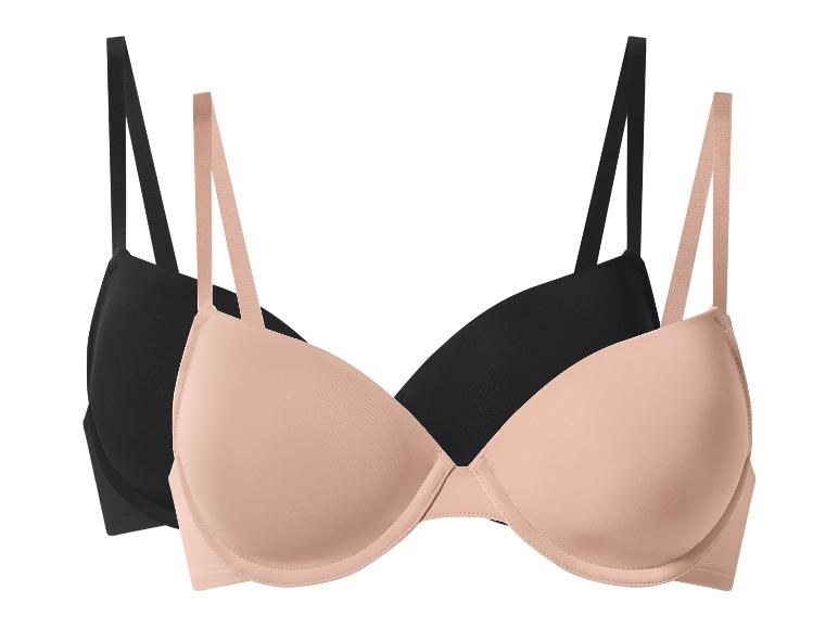 Twee push-up beha's, één zwart en één huidkleurig, op een witte achtergrond.