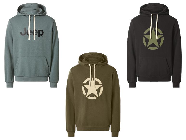 Drie Jeep hoodies: één teal met 'Jeep'-logo, één olijfgroen met een ster en één zwart met een ster.