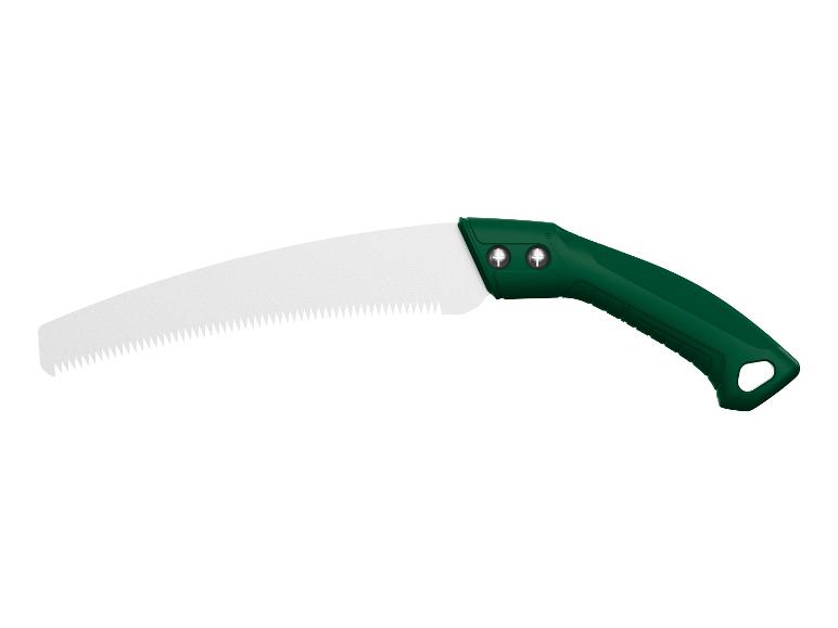 Handzaag met gebogen zaagblad, donkergroene handgreep.