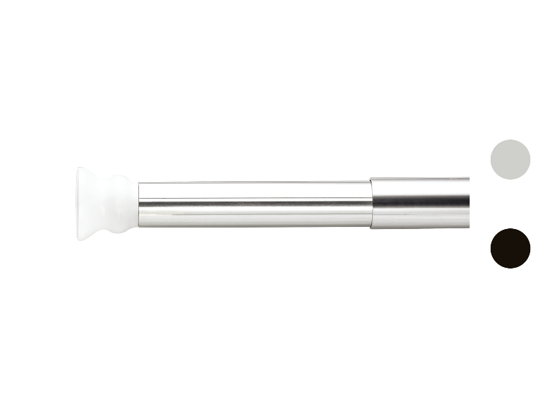 Verchroomde telescopische douchegordijnstang met witte uiteinden.