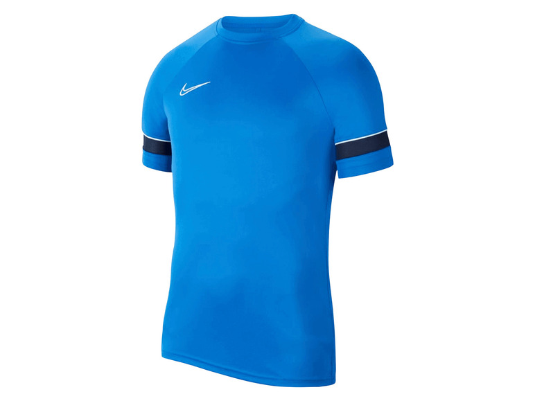 Een blauwe Nike trainingsshirt met witte strepen op de mouwen.