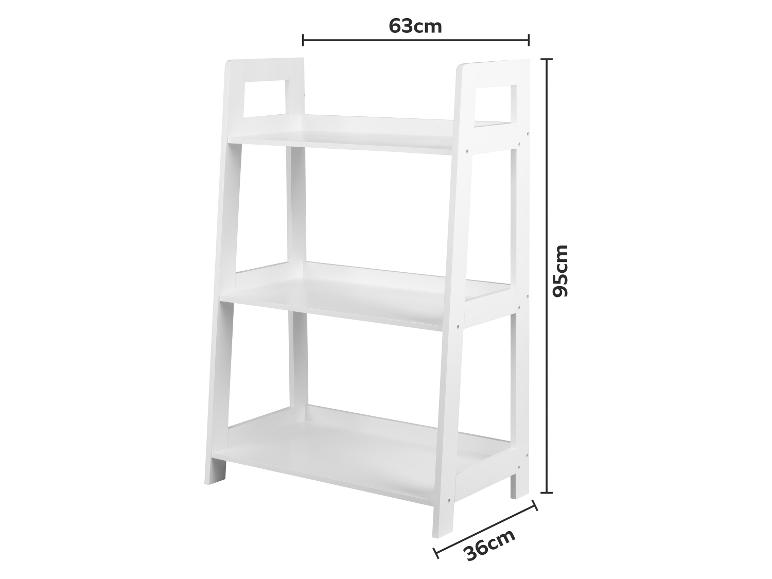 Witte 3-laags stellingkast met afmetingen 63cm (breedte) x 95cm (hoogte) x 36cm (diepte).