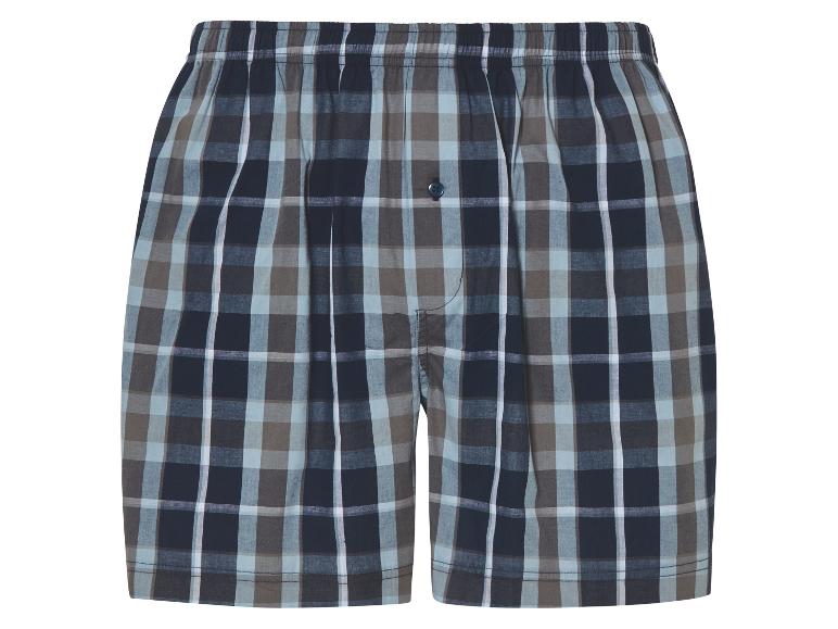 Boxershorts met blauw-grijs ruitpatroon.