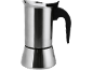 Roestvrijstalen espressomaker met zwart handvat.