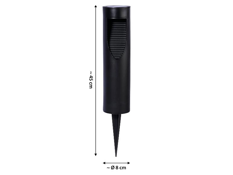 Zwarte solar tuinlamp, hoogte ~45 cm, diameter ~8 cm.
