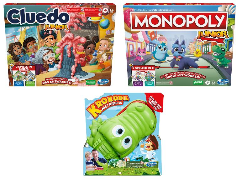 De bordspellen Monopoly Junior, Cluedo Junior en Krokodillen met Kiespijn van Hasbro.