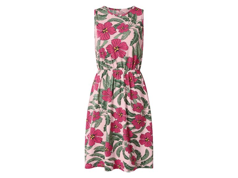 Roze mouwloze jurk met levendige bloemen- en bladerenprint.