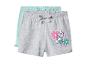 Twee meisjes shorts, één grijs met honden- en bloemenprint, de andere aqua.