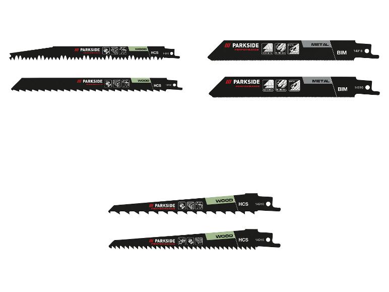 Reciprozaagbladen voor hout en metaal, met verschillende maten en zaagtypen.