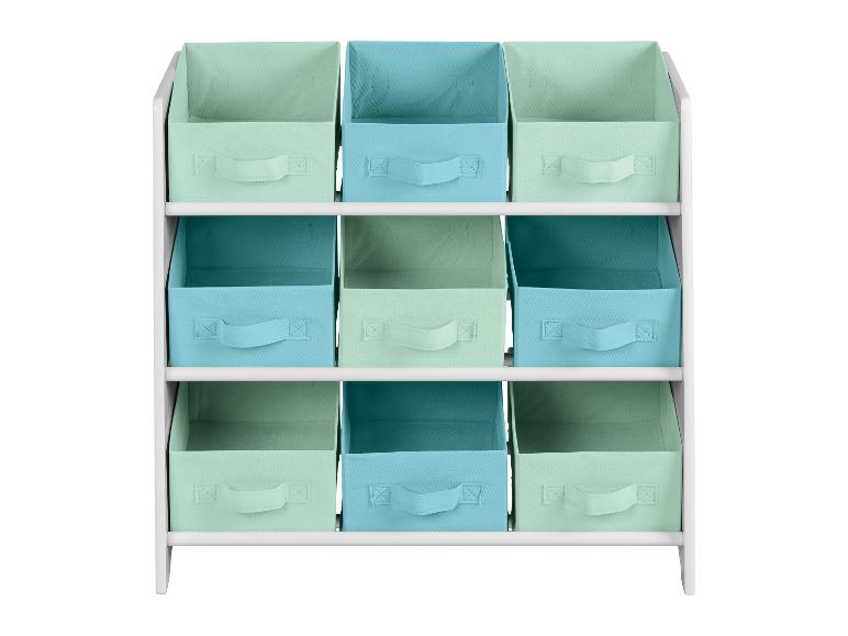 Wit opbergrek met negen stoffen bakken in mintgroen en blauwgroen.