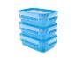 Drie gestapelde blauwe voedselcontainers met transparante deksels.