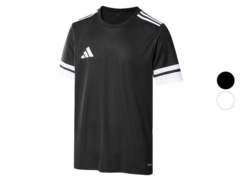 Zwart Adidas voetbalshirt met witte strepen op de schouders en mouwen, en een wit logo.
