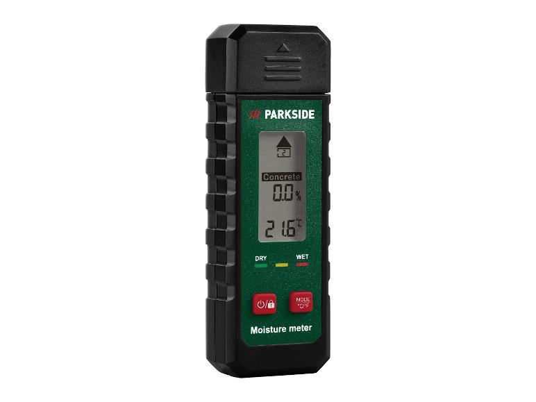 PARKside digitale vochtmeter voor beton, met percentage- en temperatuurweergave.