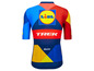 Een blauwe Trek-wielertrui met Lidl-logo en Santini-details.