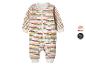 Witte baby romper met veelkleurige strepen en ritssluiting aan de voorkant.