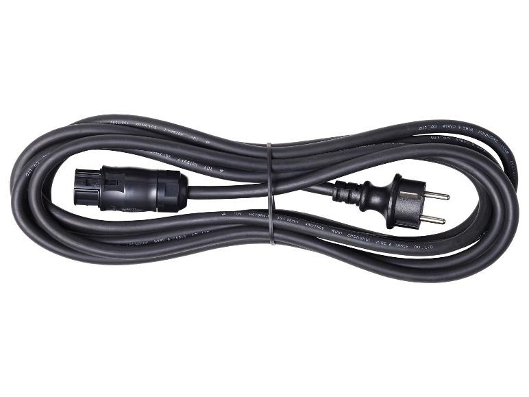 Een zwarte stroomkabel met een mannelijke connector en een Schuko-stekker.