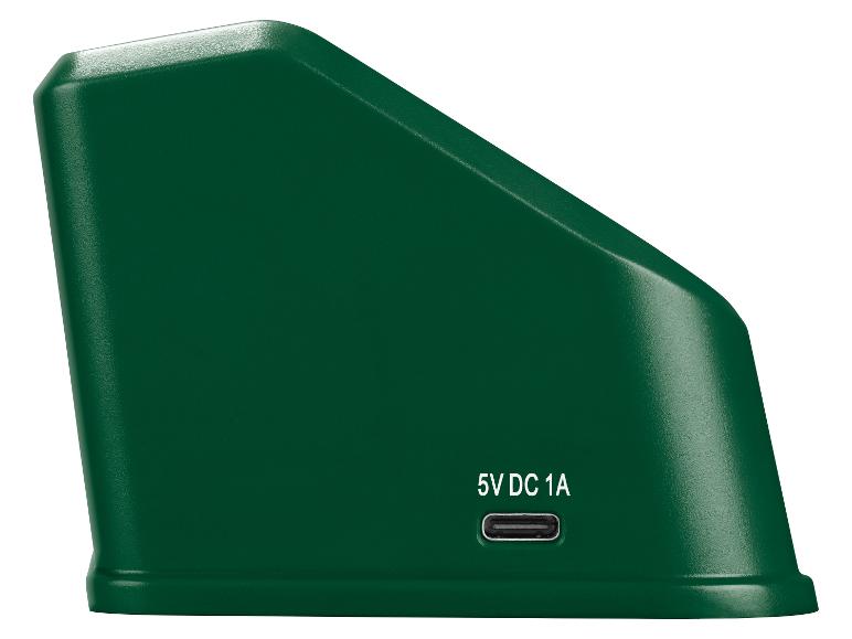 Groen apparaat met een USB-C-poort en de tekst '5V DC 1A' aan de zijkant.