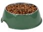 Een groene plastic hondenbak met een roestvrijstalen binnenbak zit vol met bruine hondenbrokjes.