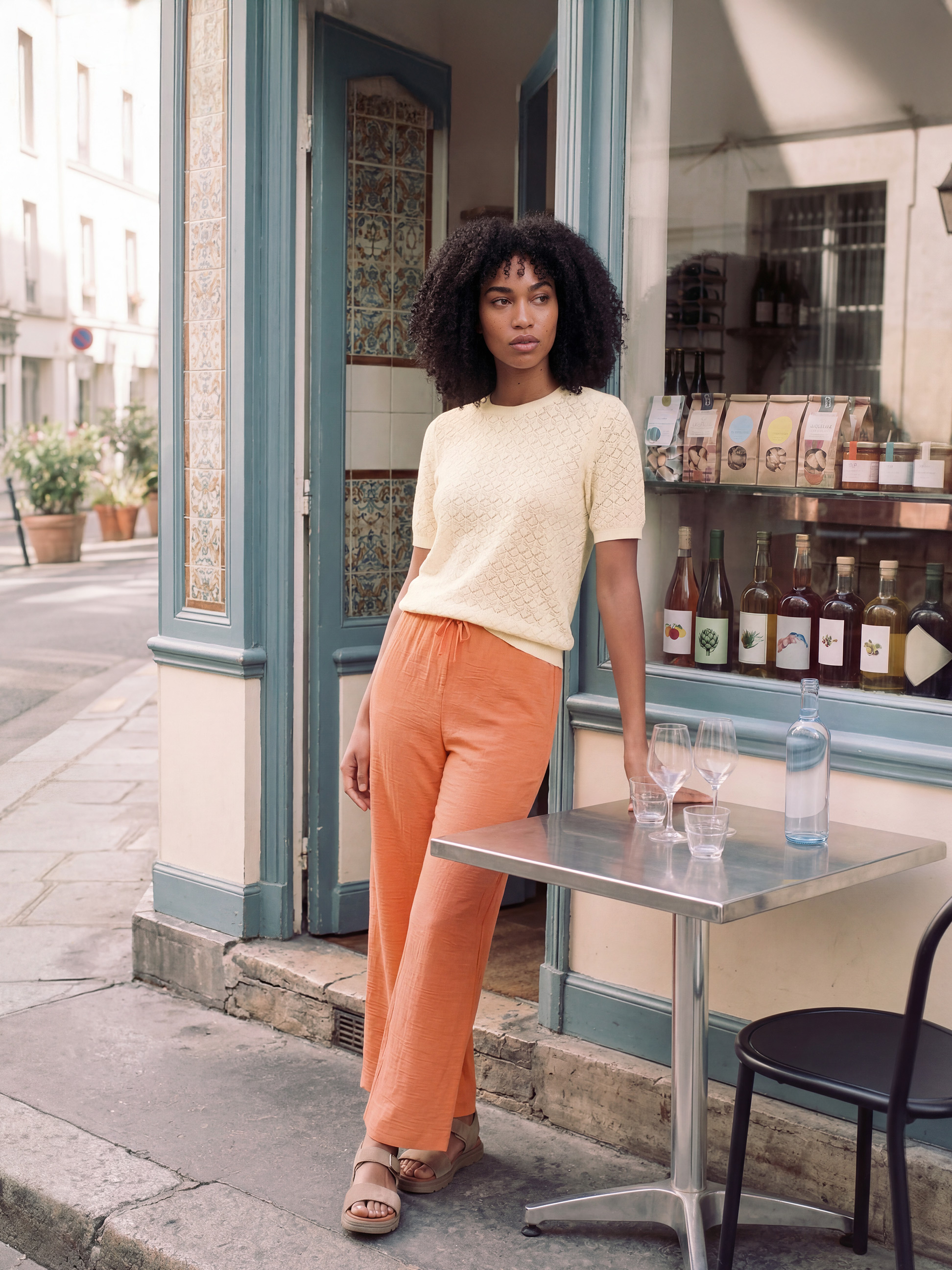 Vrouw in gele gebreide top en oranje broek voor een winkel met flessen.