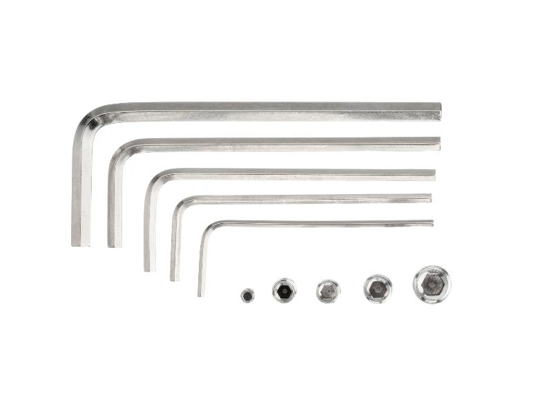 Assortiment inbussleutels en bits in verschillende maten.
