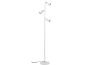 Witte vloerlamp met drie verstelbare spots en een ronde voet.